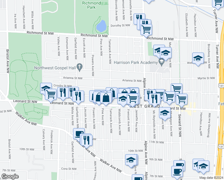 map of restaurants, bars, coffee shops, grocery stores, and more near 934 Crosby Street Northwest in Grand Rapids