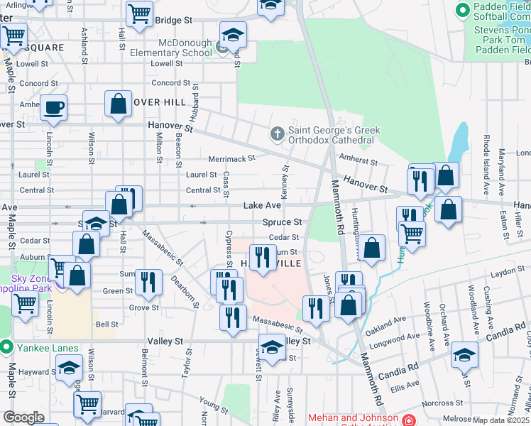 map of restaurants, bars, coffee shops, grocery stores, and more near 615 Lake Avenue in Manchester