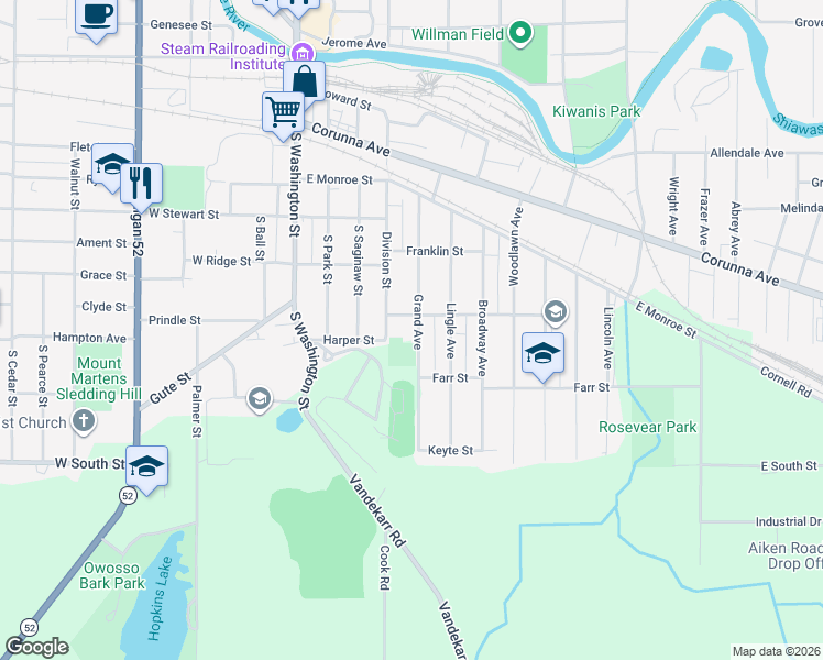 map of restaurants, bars, coffee shops, grocery stores, and more near 808 Grand Avenue in Owosso