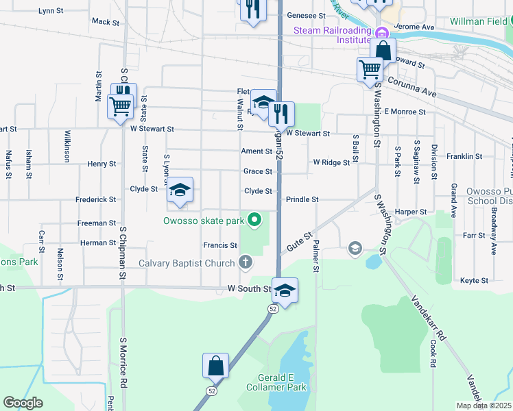map of restaurants, bars, coffee shops, grocery stores, and more near 514 Hampton Avenue in Owosso