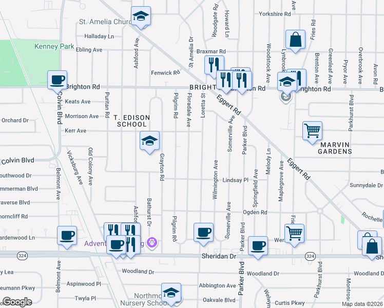 map of restaurants, bars, coffee shops, grocery stores, and more near 227 Floradale Avenue in Tonawanda