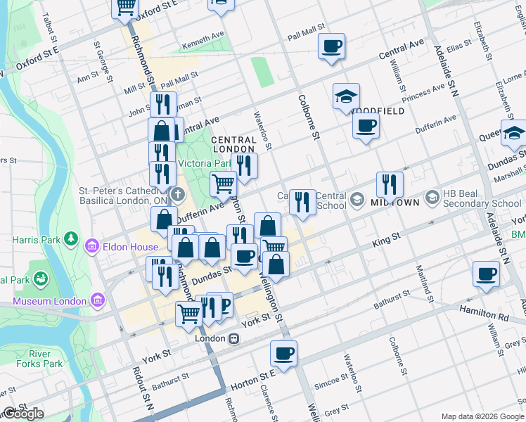 map of restaurants, bars, coffee shops, grocery stores, and more near 7 Picton Street in London