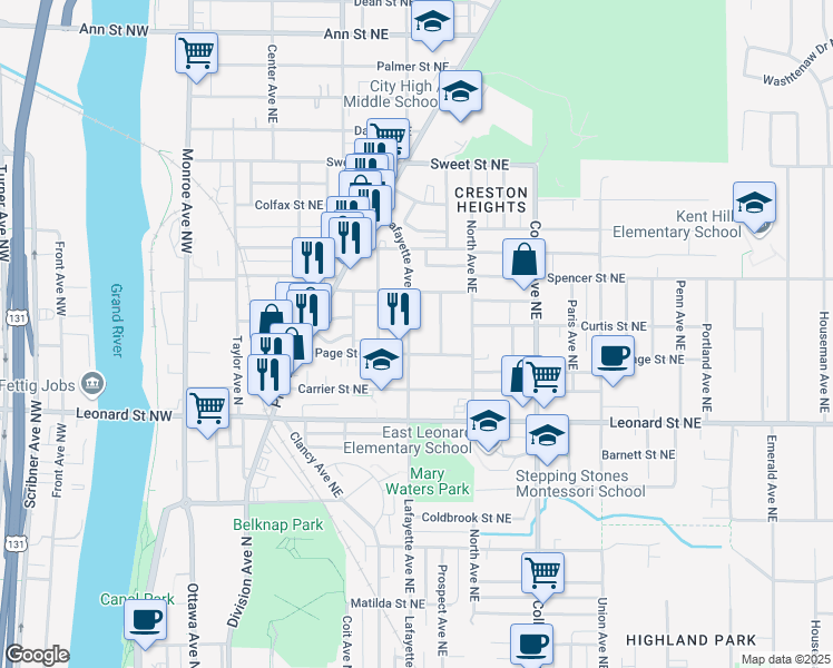 map of restaurants, bars, coffee shops, grocery stores, and more near 1318 Lafayette Avenue Northeast in Grand Rapids