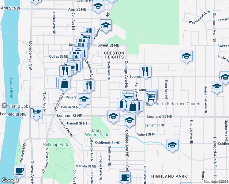 map of restaurants, bars, coffee shops, grocery stores, and more near 416 Curtis Street Northeast in Grand Rapids