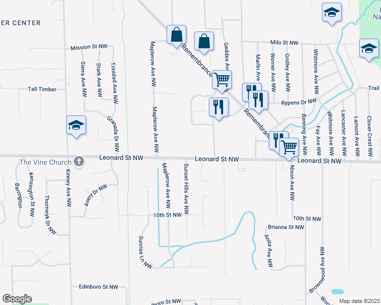 map of restaurants, bars, coffee shops, grocery stores, and more near 3559 Leonard Street Northwest in Grand Rapids