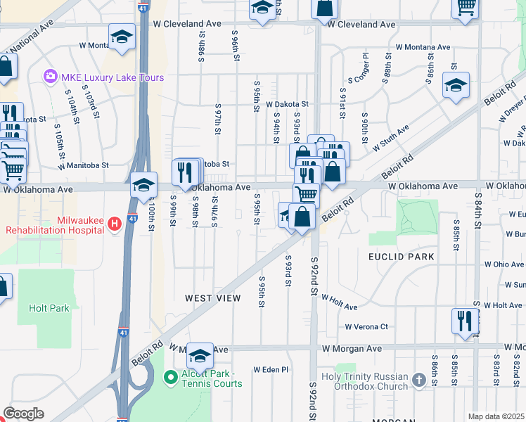 map of restaurants, bars, coffee shops, grocery stores, and more near 3146 South 95th Street in Milwaukee