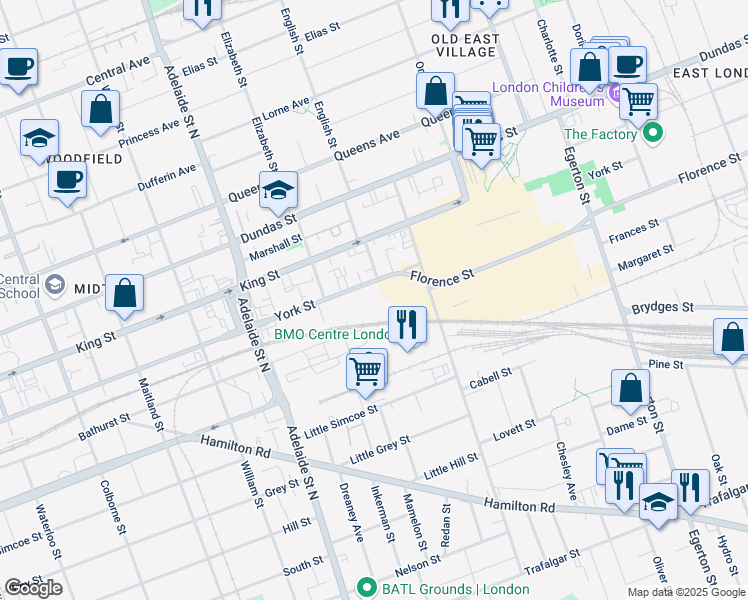 map of restaurants, bars, coffee shops, grocery stores, and more near 745 York Street in London