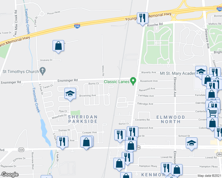 map of restaurants, bars, coffee shops, grocery stores, and more near 66-76 Bellah Pl in Tonawanda