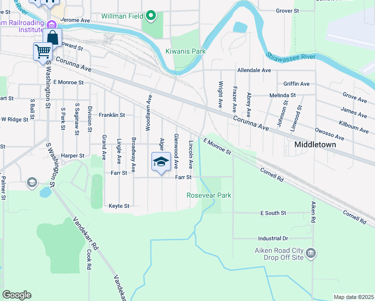 map of restaurants, bars, coffee shops, grocery stores, and more near 640 Lincoln Avenue in Owosso