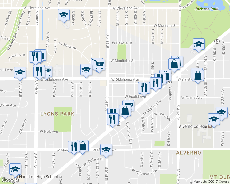 map of restaurants, bars, coffee shops, grocery stores, and more near 3159 South 50th Street in Milwaukee