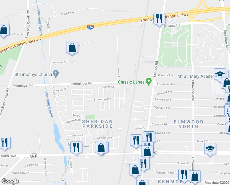 map of restaurants, bars, coffee shops, grocery stores, and more near 17 Boswell Place in Tonawanda