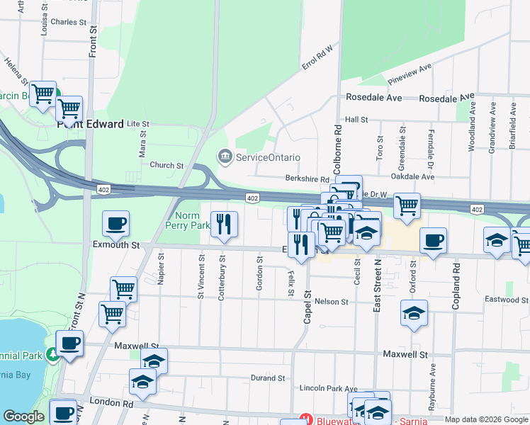 map of restaurants, bars, coffee shops, grocery stores, and more near 345 Willowdale Crescent in Sarnia