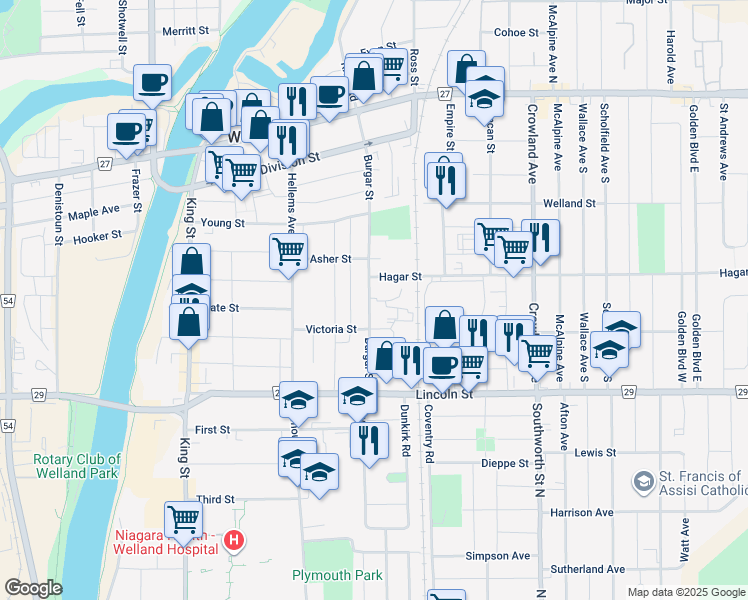 map of restaurants, bars, coffee shops, grocery stores, and more near in Welland