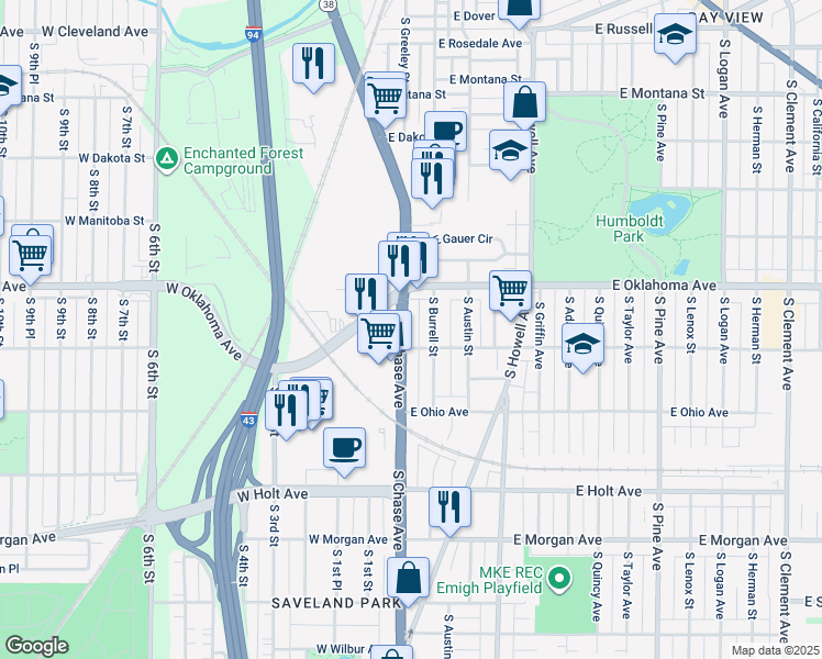 map of restaurants, bars, coffee shops, grocery stores, and more near 3154 Wisconsin 38 Trunk in Milwaukee