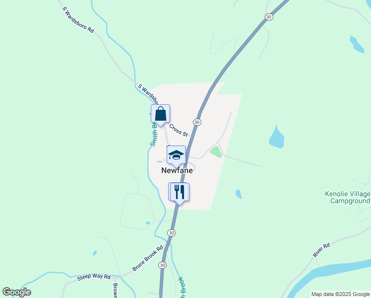 map of restaurants, bars, coffee shops, grocery stores, and more near 599 Vermont 30 in Newfane