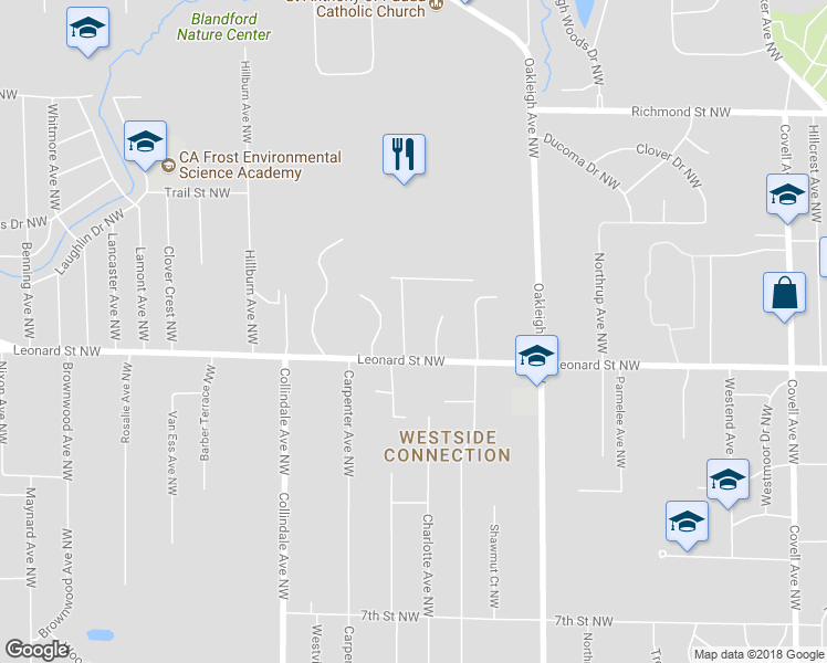 map of restaurants, bars, coffee shops, grocery stores, and more near 1220 Woodland Avenue Northwest in Grand Rapids