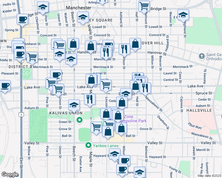 map of restaurants, bars, coffee shops, grocery stores, and more near 359 Lake Avenue in Manchester
