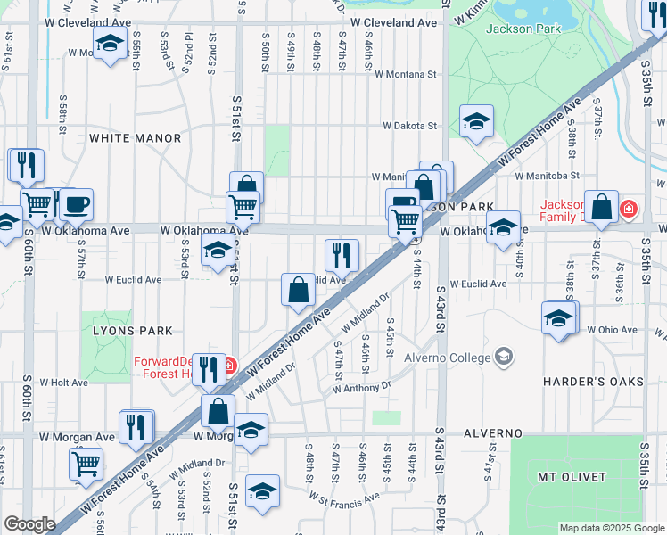 map of restaurants, bars, coffee shops, grocery stores, and more near 3157 South 47th Street in Milwaukee