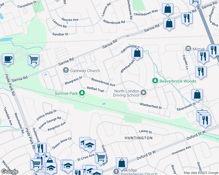 map of restaurants, bars, coffee shops, grocery stores, and more near 784 Redtail Court in London