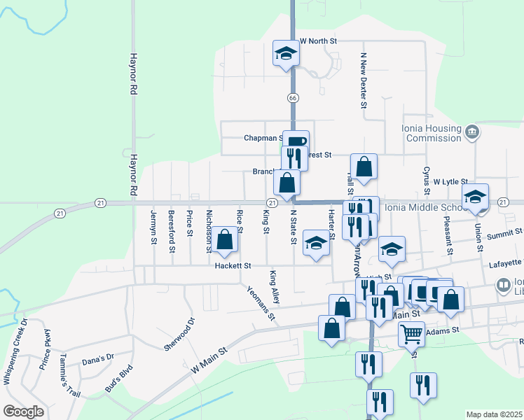 map of restaurants, bars, coffee shops, grocery stores, and more near 489 King Street in Ionia