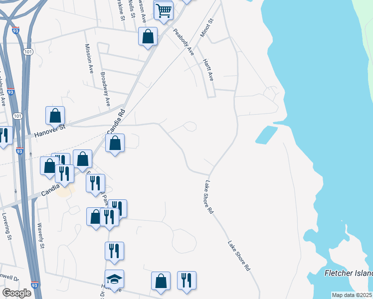map of restaurants, bars, coffee shops, grocery stores, and more near 570 Proctor Road in Manchester