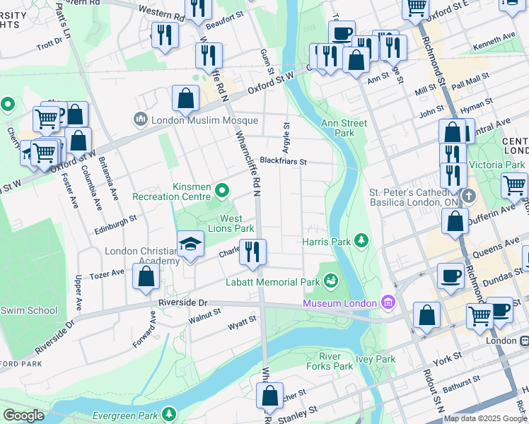 map of restaurants, bars, coffee shops, grocery stores, and more near 129 Wharncliffe Road North in London