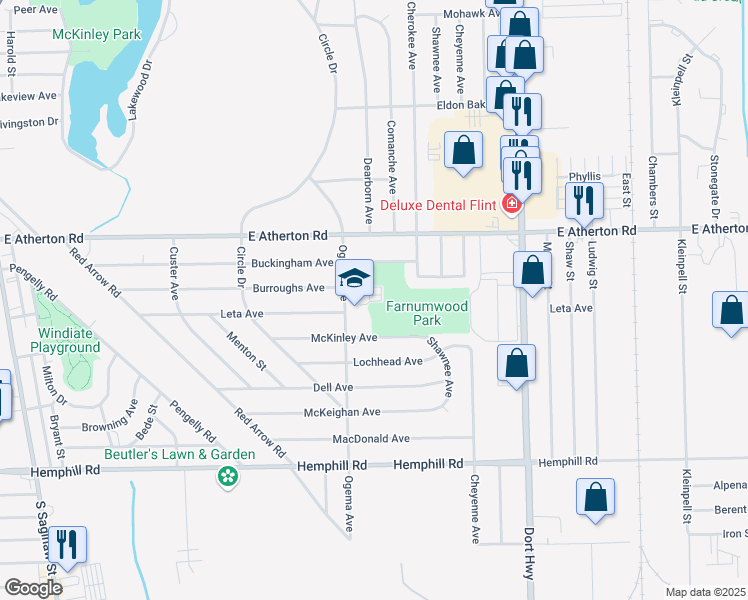 map of restaurants, bars, coffee shops, grocery stores, and more near 4001 Ogema Avenue in Flint