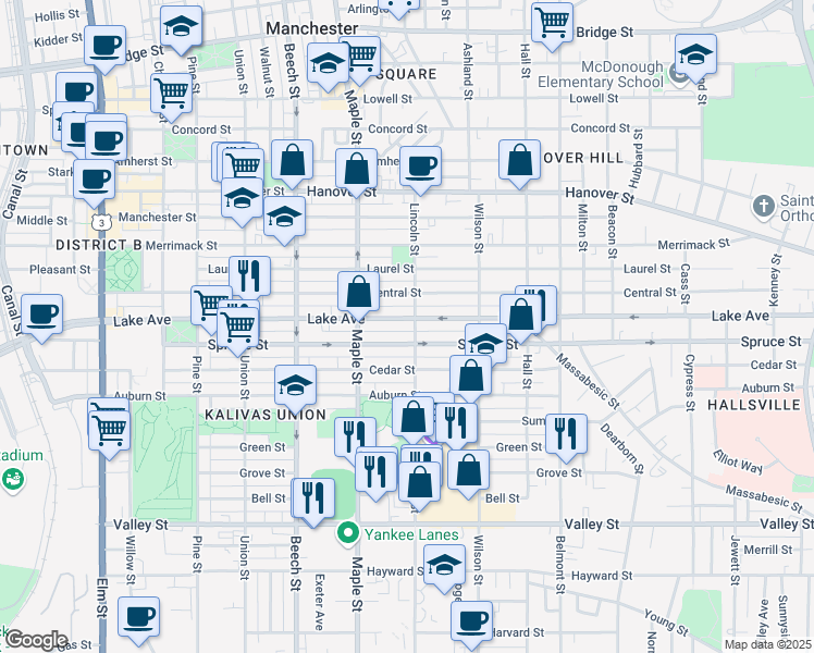 map of restaurants, bars, coffee shops, grocery stores, and more near 345 Lake Avenue in Manchester