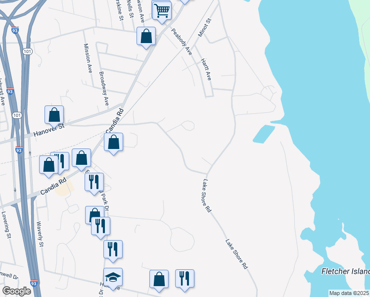 map of restaurants, bars, coffee shops, grocery stores, and more near 570 Proctor Road in Manchester
