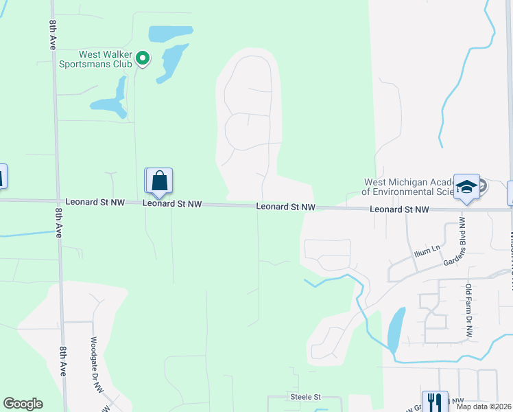 map of restaurants, bars, coffee shops, grocery stores, and more near 279 Leonard Street Northwest in Walker