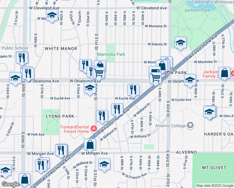 map of restaurants, bars, coffee shops, grocery stores, and more near 3156 South 49th Street in Milwaukee