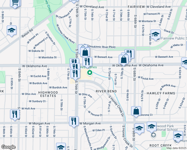 map of restaurants, bars, coffee shops, grocery stores, and more near 7408 West Fernwood Circle in Milwaukee