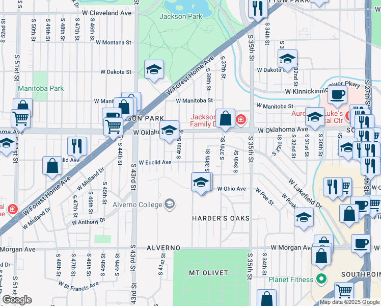 map of restaurants, bars, coffee shops, grocery stores, and more near 3161 South 39th Street in Milwaukee