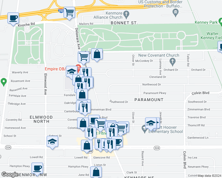 map of restaurants, bars, coffee shops, grocery stores, and more near 13 Northwood Drive in Buffalo