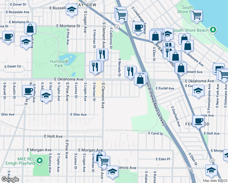 map of restaurants, bars, coffee shops, grocery stores, and more near 3152 South California Street in Milwaukee