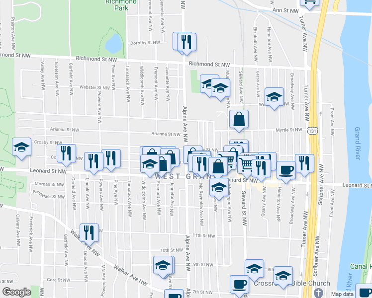 map of restaurants, bars, coffee shops, grocery stores, and more near Alpine Ave NW & Crosby St NW in Grand Rapids