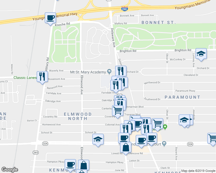 map of restaurants, bars, coffee shops, grocery stores, and more near 3754 Delaware Avenue in Buffalo