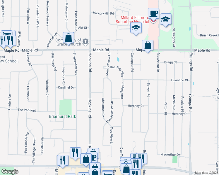 map of restaurants, bars, coffee shops, grocery stores, and more near 103 Meadowview Lane in Buffalo