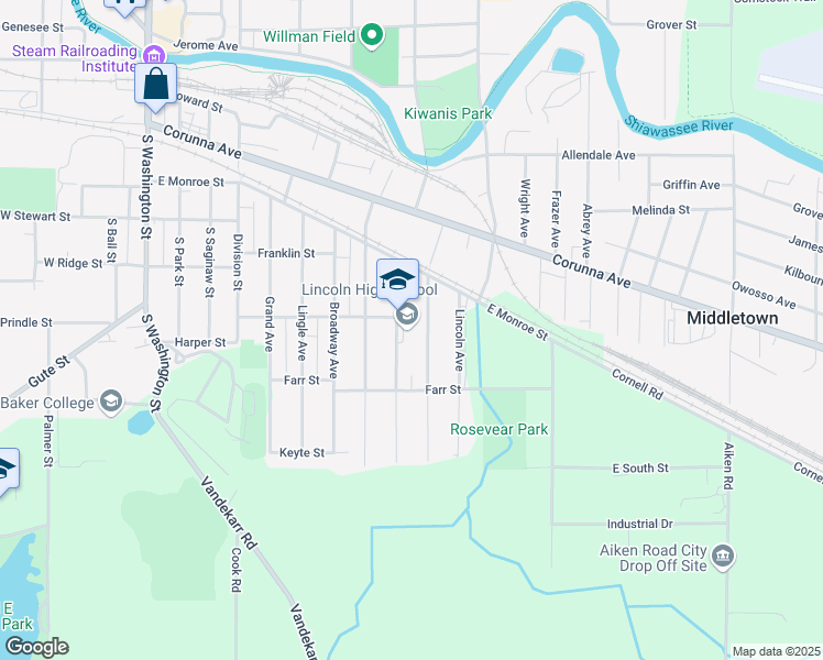 map of restaurants, bars, coffee shops, grocery stores, and more near 645 Alger Street in Owosso