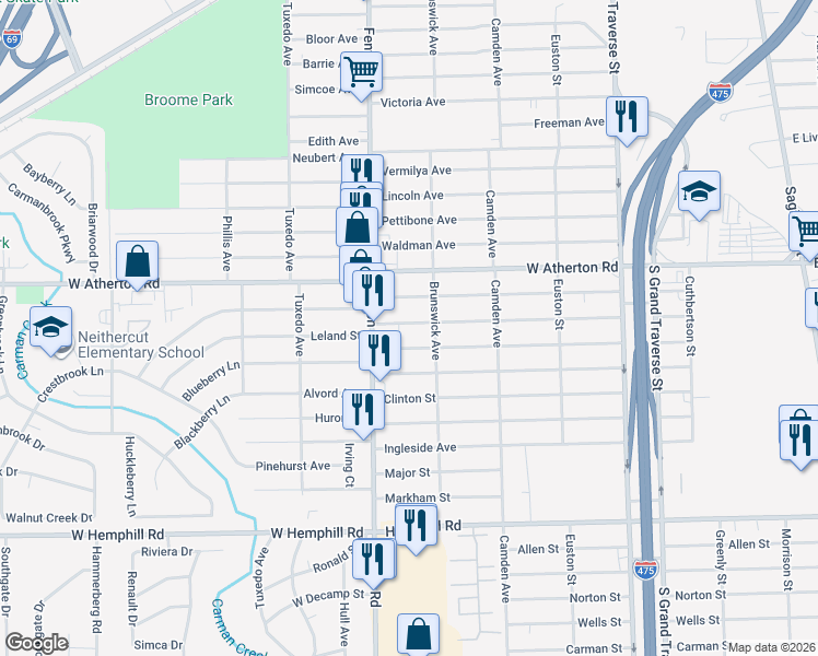 map of restaurants, bars, coffee shops, grocery stores, and more near 911 Leland Street in Flint