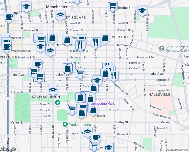 map of restaurants, bars, coffee shops, grocery stores, and more near 403 Lake Avenue in Manchester