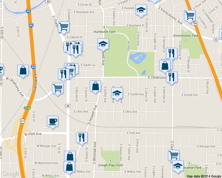 map of restaurants, bars, coffee shops, grocery stores, and more near 3153 South Adams Avenue in Milwaukee