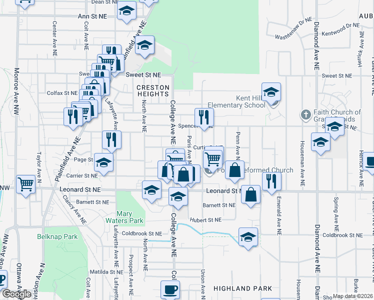 map of restaurants, bars, coffee shops, grocery stores, and more near 530 Curtis Street Northeast in Grand Rapids