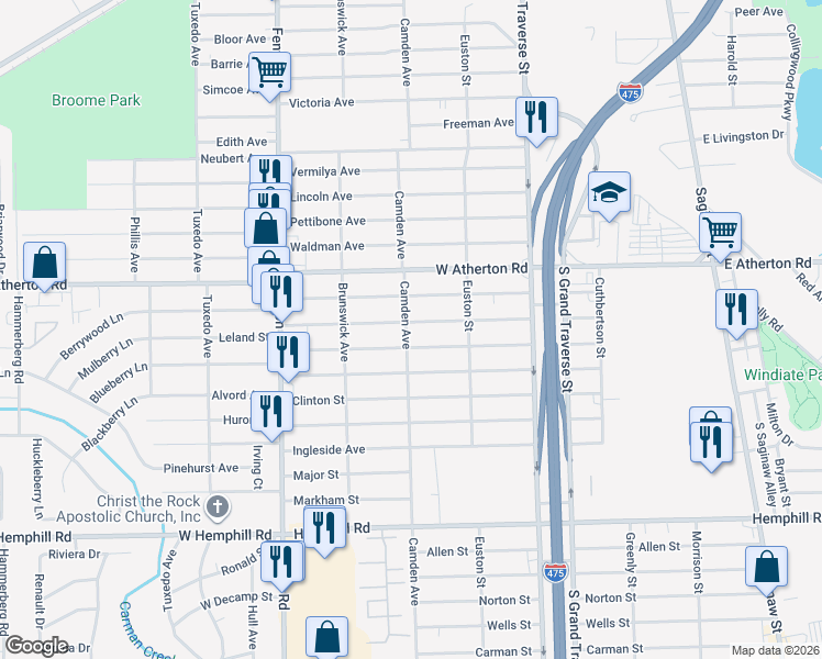 map of restaurants, bars, coffee shops, grocery stores, and more near 749 Leland Street in Flint