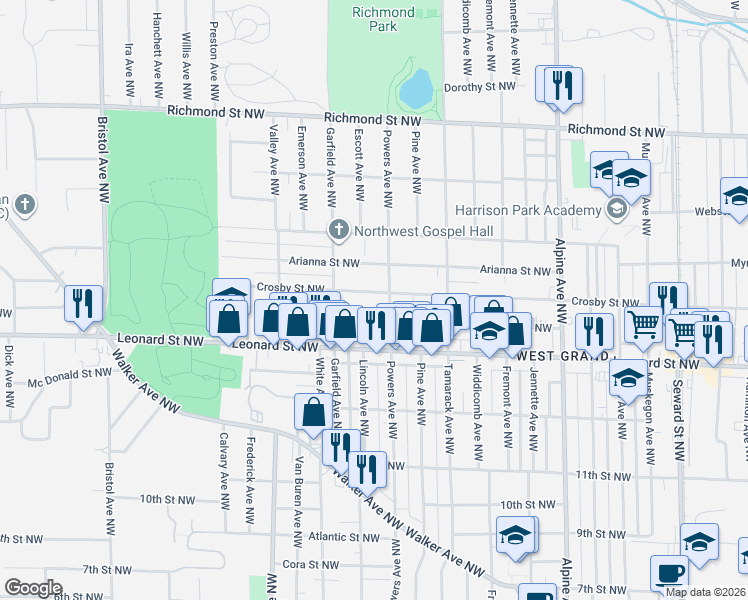 map of restaurants, bars, coffee shops, grocery stores, and more near 1124 Crosby Street Northwest in Grand Rapids