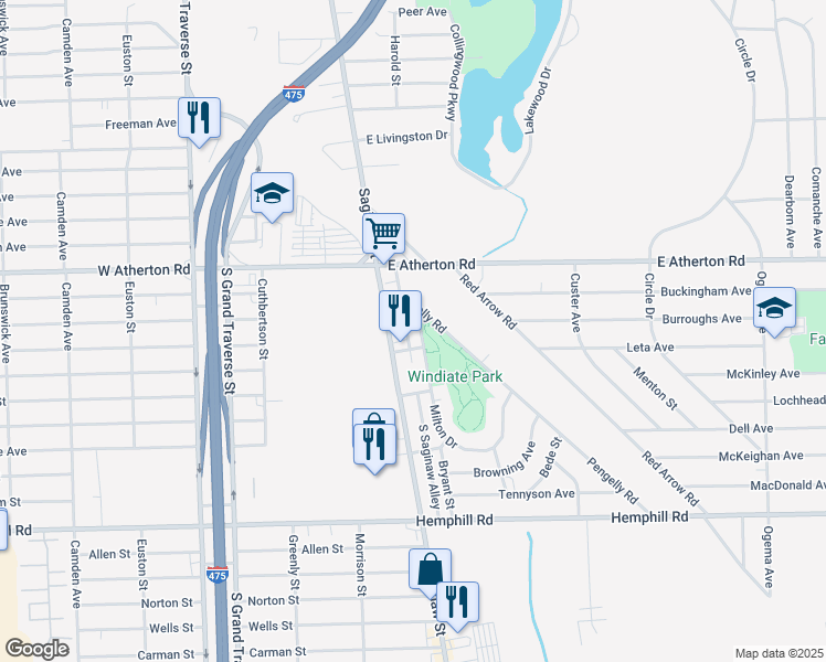 map of restaurants, bars, coffee shops, grocery stores, and more near 4006 Milton Drive in Flint