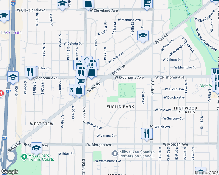 map of restaurants, bars, coffee shops, grocery stores, and more near 8839 West Oklahoma Avenue in Milwaukee