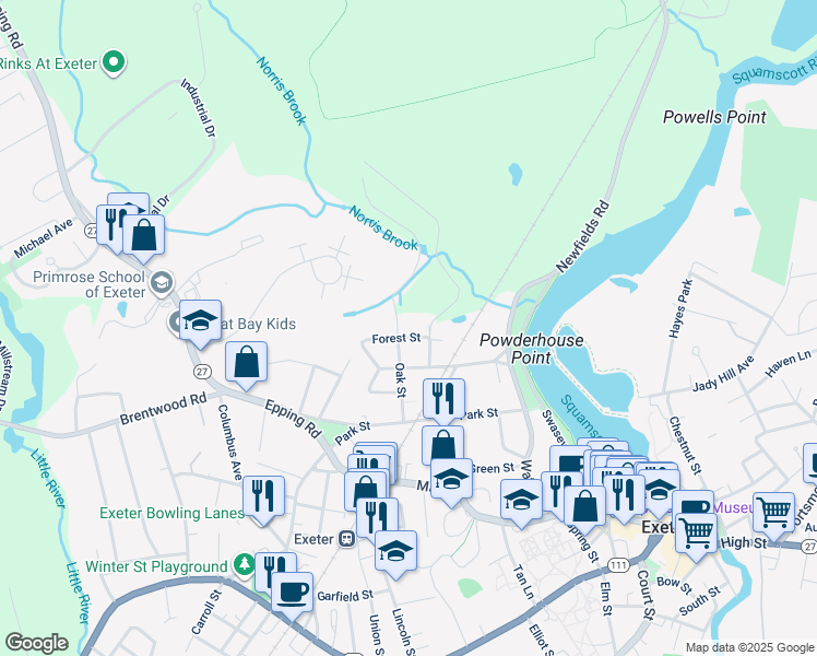 map of restaurants, bars, coffee shops, grocery stores, and more near 9 Forest Street in Exeter