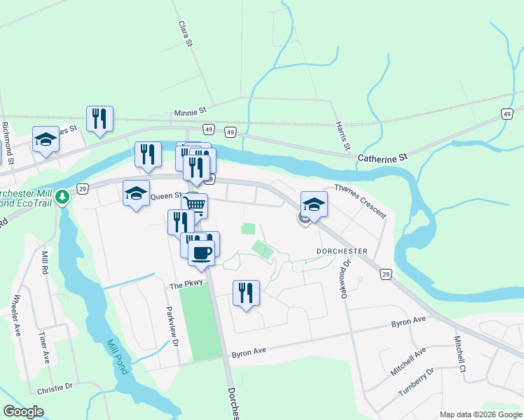 map of restaurants, bars, coffee shops, grocery stores, and more near 165 Queen Street in Middlesex County