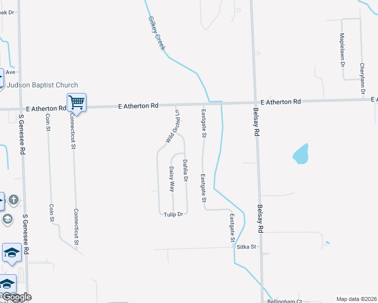 map of restaurants, bars, coffee shops, grocery stores, and more near 3112 Eastgate Street in Burton
